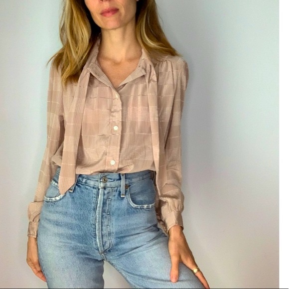 NWT Vintage Dead Stock Stripped Pussy Bow Beige Blouse - Picture 11 of 16